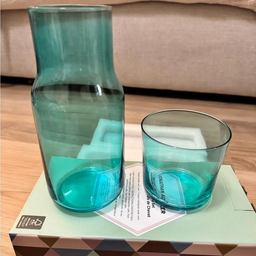 Jonathan Adler Turquoise Glass Bedside Carafe Set - Brand New